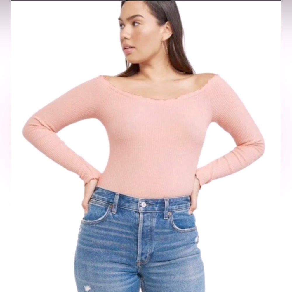 Abercrombie & Fitch Off Shoulder Top Long Sleeve Lettuce Trim Gray Size Medium